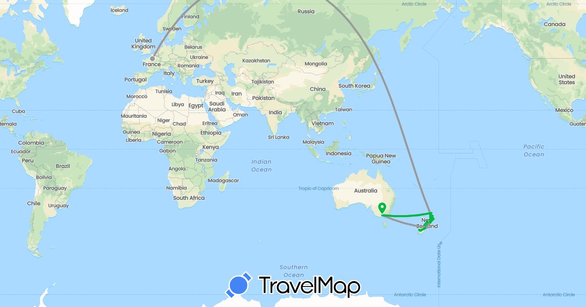 TravelMap itinerary: driving, bus, plane, boat in Australia, France, New Zealand (Europe, Oceania)